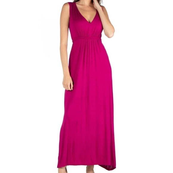 24seven Comfort Apparel Magenta V-Neck Sleeveless Belted Maxi Dress - Picture 2 of 9